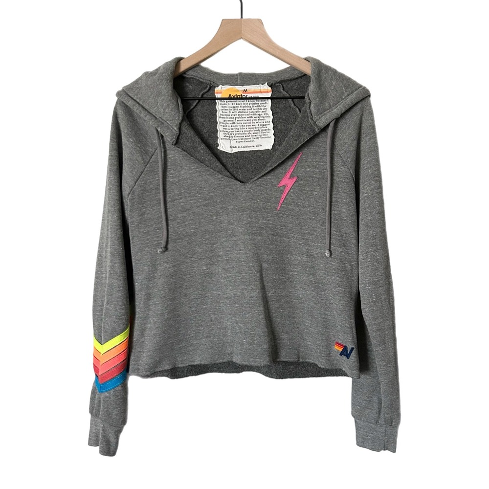 Aviator Nation Bolt Stitch Chevron Stripes Split Neck Crop Hoodie Gray Medium
